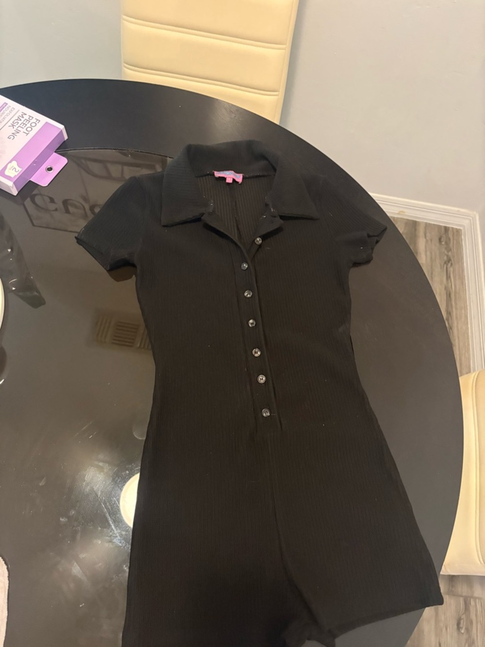 Edikted Black Ribbed Button-Up Romper - Picture 3 of 5